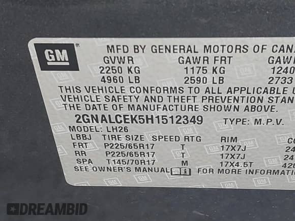 2017 Chevrolet Equinox LT with VIN 2GNALCEK5H1512349, listed as a IAAI auction lot 43182213 with 114,103 mi miles and . Bid and sale history available at DreamBid. Image 9.