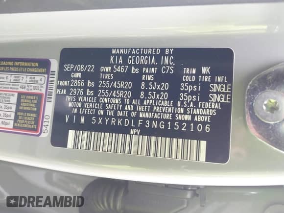 2022 Kia Sorento SX with VIN 5XYRKDLF3NG152106, listed as a IAAI auction lot 41843157 with 27,546 mi miles and . Bid and sale history available at DreamBid. Image 9.