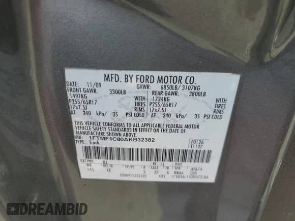 2010 Ford F-150 XL with VIN 1FTMF1C80AKB32382, listed as a Copart auction lot 49377225 with 174,520 mi miles and Salvage title. Bid and sale history available at DreamBid. Image 12.