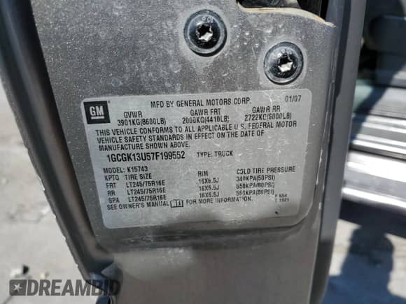 2007 Chevrolet Silverado 1500HD LS with VIN 1GCGK13U57F199552, listed as a Copart auction lot 80556315 with 185,041 mi miles and Clean title. Bid and sale history available at DreamBid. Image 12.