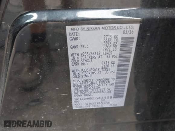 2016 Nissan Pathfinder Platinum with VIN 5N1AR2MM0GC644458, listed as a IAAI auction lot 42925412 with 145,493 mi miles and . Bid and sale history available at DreamBid. Image 9.