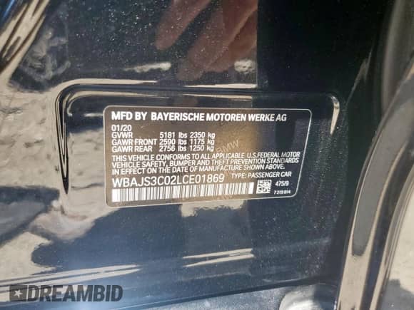 2020 BMW 5 Series 540i xDrive with VIN WBAJS3C02LCE01869, listed as a Copart auction lot 58245235 with 47,144 mi miles and Salvage title. Bid and sale history available at DreamBid. Image 12.