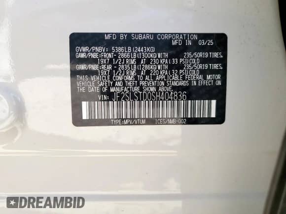 2025 Subaru Forester Touring Hybrid z VIN JF2SLSTD0SH404836, wystawiony jako Copart lot #65980595 z przebiegiem 1 222 mil mil oraz Szkoda całkowita • Salvage title. Historia ofert i sprzedaży dostępna na DreamBid. Obrazek 13.