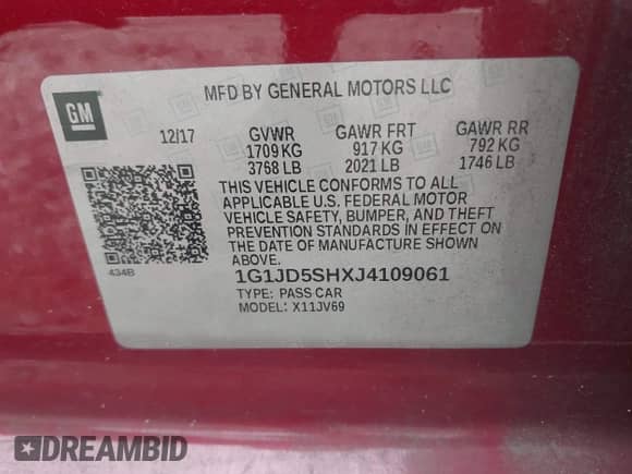 2018 Chevrolet Sonic LT с VIN 1G1JD5SHXJ4109061, выставлен на аукционе IAAI как лот 42780841 с пробегом 75 753 миль миль и . История ставок и продаж доступна на DreamBid. Изображение 9.