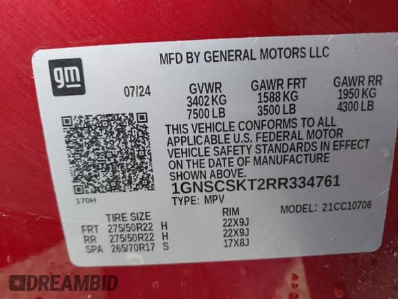 2024 Chevrolet Tahoe with VIN 1GNSCSKT2RR334761, listed as a IAAI auction lot 41675913 with Not provided miles and . Bid and sale history available at DreamBid. Image 9.