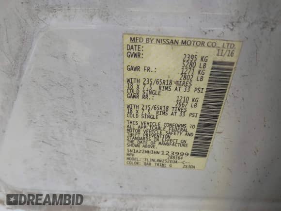 2017 Nissan Murano Platinum with VIN 5N1AZ2MH3HN123999, listed as a IAAI auction lot 43137857 with 61,804 mi miles and . Bid and sale history available at DreamBid. Image 9.