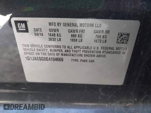 2014 Chevrolet Sonic LS с VIN 1G1JA6SG8E4194669, выставлен на аукционе IAAI как лот 42887562 с пробегом 108 658 миль миль и . История ставок и продаж доступна на DreamBid. Изображение 9.