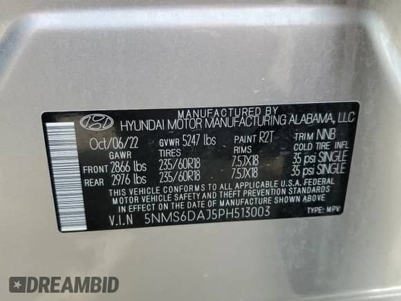 2023 Hyundai Santa Fe XRT with VIN 5NMS6DAJ5PH513003, listed as a Copart auction lot 59324645 with 25,083 mi miles and Salvage title. Bid and sale history available at DreamBid. Image 13.