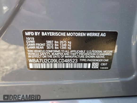 2020 BMW 7 Series 750i xDrive with VIN WBA7U2C09LCD48523, listed as a Copart auction lot 70745925 with 110,287 mi miles and Clean title. Bid and sale history available at DreamBid. Image 12.