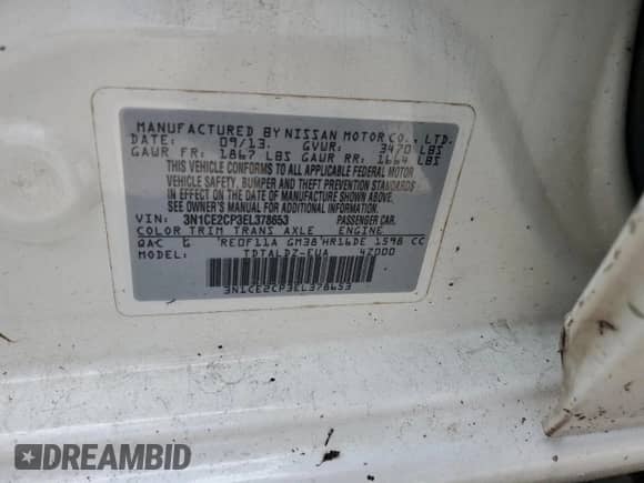 2014 Nissan Note SV with VIN 3N1CE2CP3EL378653, listed as a Copart auction lot 84059085 with Not provided miles and Salvage title. Bid and sale history available at DreamBid. Image 12.