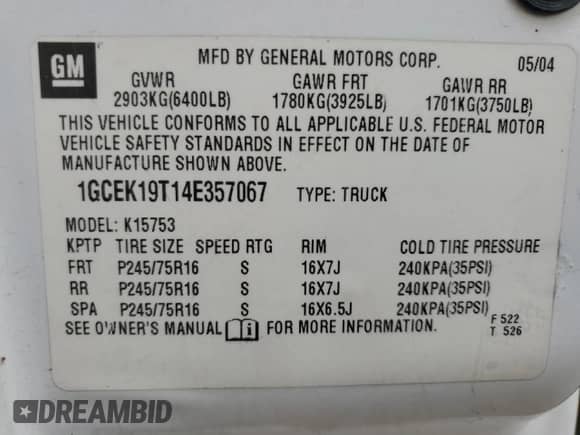 2004 Chevrolet Silverado 1500 LT с VIN 1GCEK19T14E357067, выставлен на аукционе Copart как лот 81524765 с пробегом 232 809 миль миль и Списание • Salvage title. История ставок и продаж доступна на DreamBid. Изображение 13.