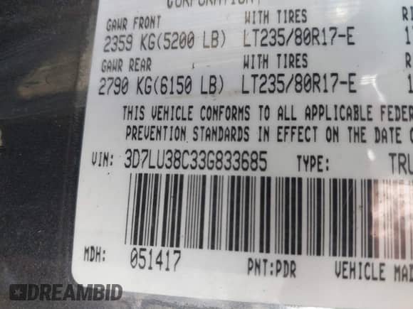2003 Dodge 3500 ST with VIN 3D7LU38C33G833685, listed as a IAAI auction lot 41317915 with 117,260 mi miles and . Bid and sale history available at DreamBid. Image 9.