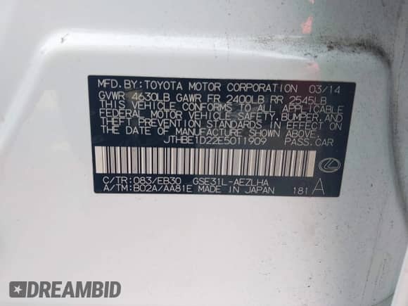 2014 Lexus IS 350 с VIN JTHBE1D22E5011909, выставлен на аукционе IAAI как лот 43409016 с пробегом 122 401 миль миль и . История ставок и продаж доступна на DreamBid. Изображение 9.