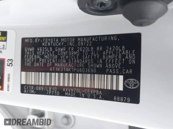 2023 Toyota Camry Hybrid XSE с VIN 4T1K31AK1PU603690, выставлен на аукционе IAAI как лот 42315623 с пробегом 46 954 миль миль и . История ставок и продаж доступна на DreamBid. Изображение 9.