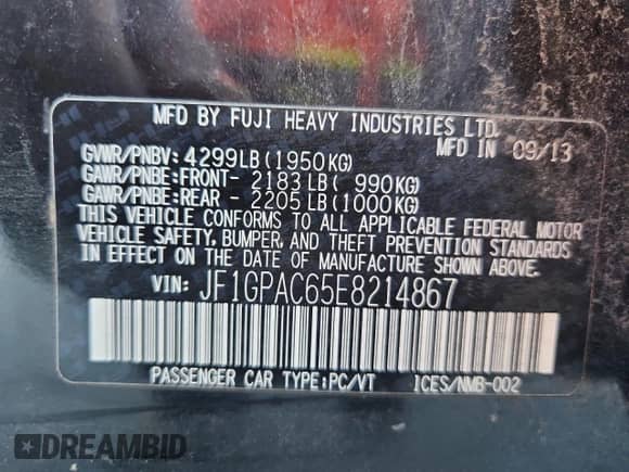 2014 Subaru Impreza Premium with VIN JF1GPAC65E8214867, listed as a Copart auction lot 81944765 with 194,463 mi miles and Clean title. Bid and sale history available at DreamBid. Image 12.