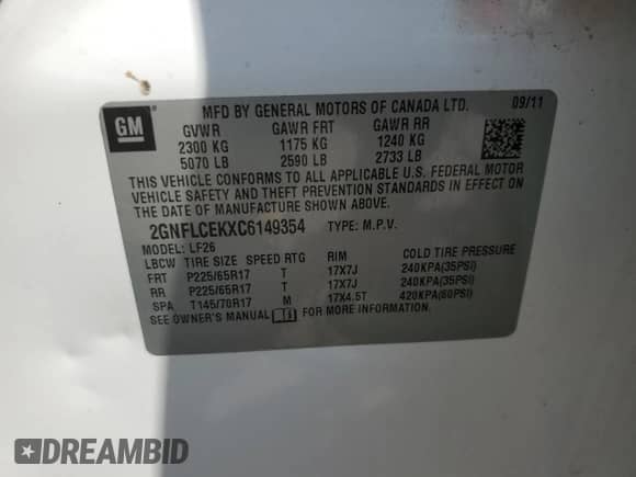 2012 Chevrolet Equinox LS с VIN 2GNFLCEKXC6149354, выставлен на аукционе Copart как лот 66633505 с пробегом 33 452 миль миль и На запчасти • Non repairable. История ставок и продаж доступна на DreamBid. Изображение 13.