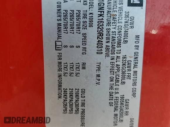 2009 Chevrolet Suburban LT с VIN 1GNFK16329R240310, выставлен на аукционе Copart как лот 72005225 с пробегом 189 074 миль миль и Списание • Salvage title. История ставок и продаж доступна на DreamBid. Изображение 13.