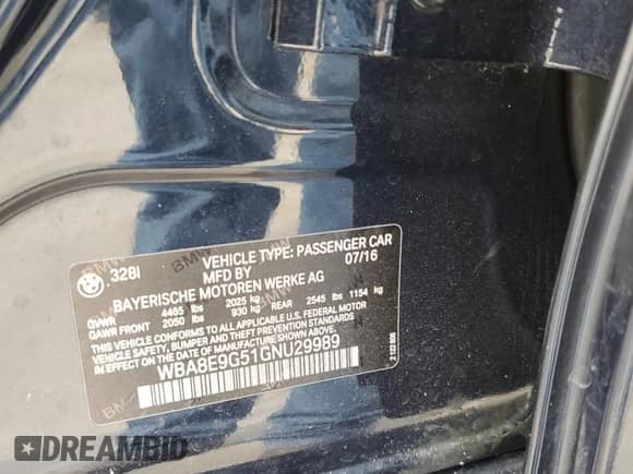 2016 BMW 3 Series 328i with VIN WBA8E9G51GNU29989, listed as a Copart auction lot 69111065 with 82,574 mi miles and Salvage title. Bid and sale history available at DreamBid. Image 12.