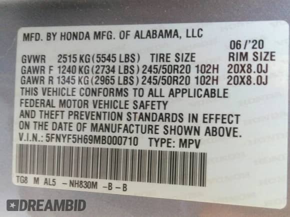 2021 Honda Pilot Touring 7-Passenger with VIN 5FNYF5H69MB000710, listed as a IAAI auction lot 43081838 with 91,899 mi miles and . Bid and sale history available at DreamBid. Image 9.