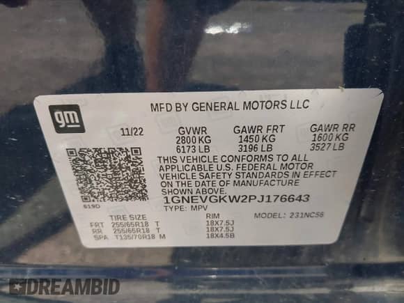 2023 Chevrolet Traverse LT Cloth с VIN 1GNEVGKW2PJ176643, выставлен на аукционе IAAI как лот 42823116 с пробегом 34 743 миль миль и . История ставок и продаж доступна на DreamBid. Изображение 9.