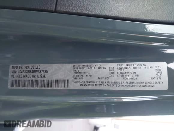 2024 Jeep Wrangler Sport S with VIN 1C4RJXN64RW337985, listed as a IAAI auction lot 41261982 with 1,845 mi miles and . Bid and sale history available at DreamBid. Image 9.