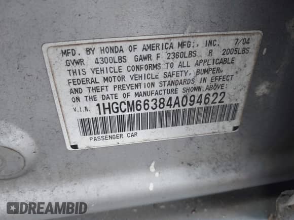 2004 Honda Accord LX с VIN 1HGCM66384A094622, выставлен на аукционе IAAI как лот 42530330 с пробегом 240 197 миль миль и . История ставок и продаж доступна на DreamBid. Изображение 9.