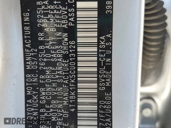 2012 Toyota Camry SE with VIN 4T1BK1FK5CU013126, listed as a Copart auction lot 63444185 with 207,772 mi miles and Salvage title. Bid and sale history available at DreamBid. Image 12.