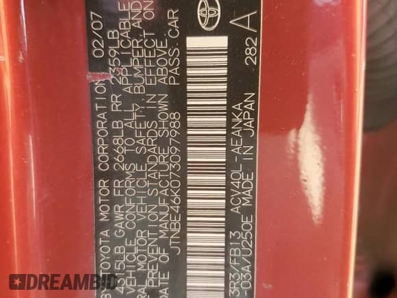 2007 Toyota Camry XLE z VIN JTNBE46K073097988, wystawiony jako Copart lot #84912485 z przebiegiem 244 669 mil mil oraz Szkoda całkowita • Salvage title. Historia ofert i sprzedaży dostępna na DreamBid. Obrazek 12.