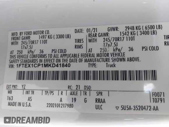 2021 Ford F-150 XL с VIN 1FTEX1CP1MKD41840, выставлен на аукционе IAAI как лот 41823711 с пробегом 93 041 миль миль и . История ставок и продаж доступна на DreamBid. Изображение 9.