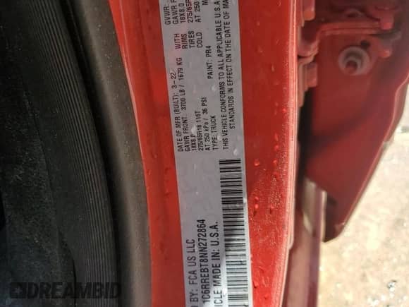 2022 Ram 1500 Lone Star z VIN 1C6RREBT8NN272864, wystawiony jako Copart lot #80511215 z przebiegiem Nie podano mil oraz Czysty tytuł • Clean title. Historia ofert i sprzedaży dostępna na DreamBid. Obrazek 12.