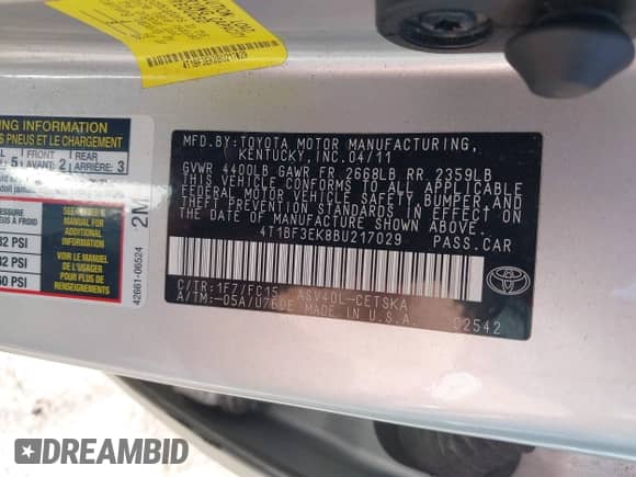 2011 Toyota Camry LE with VIN 4T1BF3EK8BU217029, listed as a IAAI auction lot 43027215 with 191,091 mi miles and . Bid and sale history available at DreamBid. Image 9.