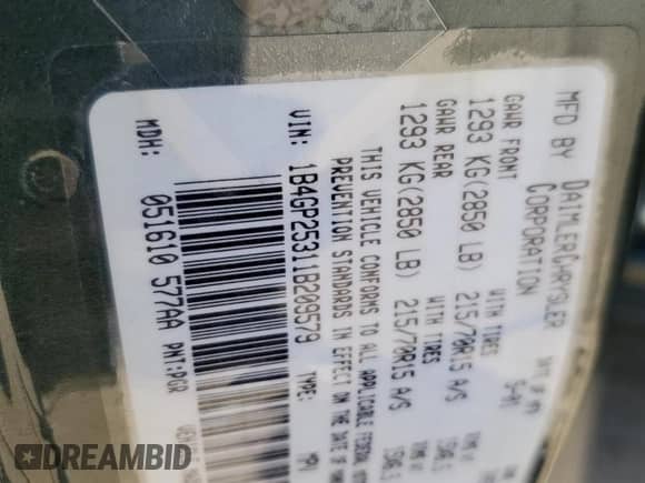 2001 Dodge Caravan SE with VIN 1B4GP25311B209579, listed as a Copart auction lot 55354125 with 95,429 mi miles and Salvage title. Bid and sale history available at DreamBid. Image 13.