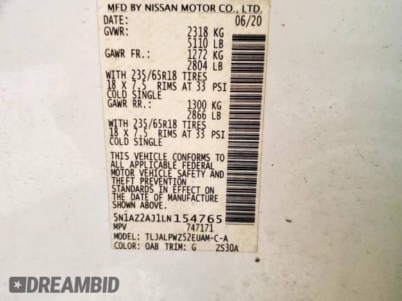 2020 Nissan Murano S with VIN 5N1AZ2AJ1LN154765, listed as a Copart auction lot 67530235 with 48,590 mi miles and Clean title. Bid and sale history available at DreamBid. Image 13.