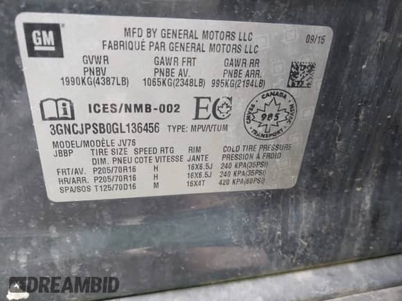 2016 Chevrolet Trax LT с VIN 3GNCJPSB0GL136456, выставлен на аукционе IAAI как лот 43536332 с пробегом 139 261 миль миль и . История ставок и продаж доступна на DreamBid. Изображение 9.