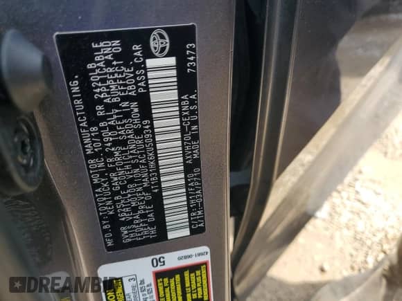 2019 Toyota Camry Hybrid LE с VIN 4T1B31HK6KU509349, выставлен на аукционе Copart как лот 90061815 с пробегом 76 314 миль миль и Списание • Salvage title. История ставок и продаж доступна на DreamBid. Изображение 12.