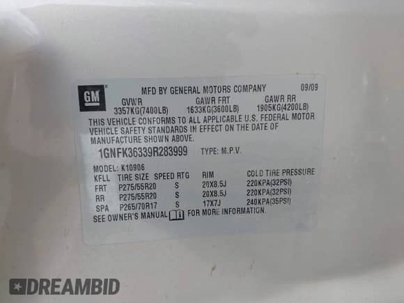 2009 Chevrolet Suburban LTZ z VIN 1GNFK36339R283999, wystawiony jako IAAI lot #42495188 z przebiegiem 203 063 mil mil oraz . Historia ofert i sprzedaży dostępna na DreamBid. Obrazek 9.