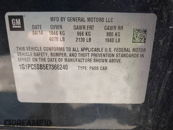 2014 Chevrolet Cruze 1LT с VIN 1G1PC5SB5E7366240, выставлен на аукционе IAAI как лот 43225422 с пробегом 102 309 миль миль и . История ставок и продаж доступна на DreamBid. Изображение 9.