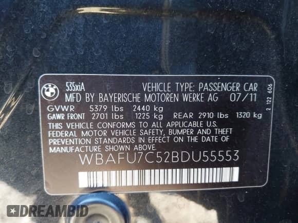 2011 BMW 5 Series 535i xDrive с VIN WBAFU7C52BDU55553, выставлен на аукционе IAAI как лот 43528302 с пробегом 161 987 миль миль и . История ставок и продаж доступна на DreamBid. Изображение 9.