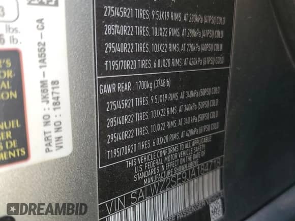 2018 Land Rover Range Rover Sport SVR with VIN SALWZ2SE9JA184718, listed as a Copart auction lot 62116664 with 89,605 mi miles and Salvage title. Bid and sale history available at DreamBid. Image 13.