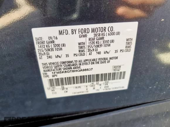 2017 Ford Explorer Sport z VIN 1FM5K8GT8HGA98837, wystawiony jako Copart lot #71100525 z przebiegiem 119 120 mil mil oraz Szkoda całkowita • Salvage title. Historia ofert i sprzedaży dostępna na DreamBid. Obrazek 14.