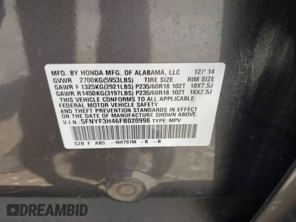 2015 Honda Pilot EX z VIN 5FNYF3H46FB020998, wystawiony jako IAAI lot #42719516 z przebiegiem 93 283 mil mil oraz . Historia ofert i sprzedaży dostępna na DreamBid. Obrazek 9.