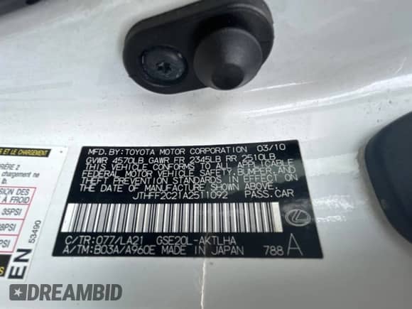 2010 Lexus IS 250 C with VIN JTHFF2C21A2511092, listed as a Copart auction lot 59193075 with 192,550 mi miles and Clean title. Bid and sale history available at DreamBid. Image 10.