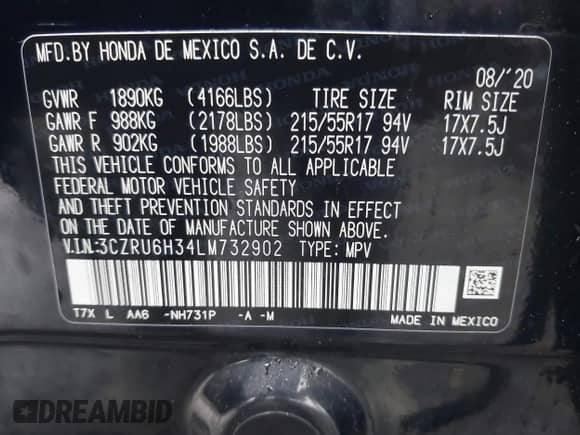 2020 Honda HR-V LX z VIN 3CZRU6H34LM732902, wystawiony jako IAAI lot #42378315 z przebiegiem 31 303 mil mil oraz . Historia ofert i sprzedaży dostępna na DreamBid. Obrazek 9.