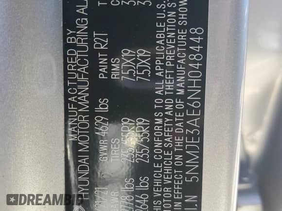 2022 Hyundai Tucson Limited with VIN 5NMJE3AE6NH048448, listed as a Copart auction lot 85134965 with 51,381 mi miles and Non repairable. Bid and sale history available at DreamBid. Image 14.