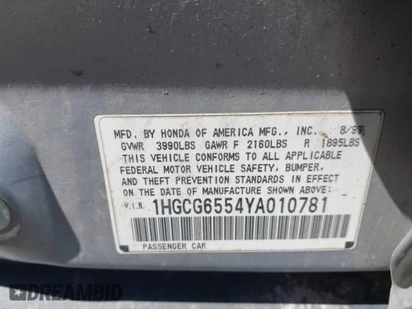 2000 Honda Accord LX z VIN 1HGCG6554YA010781, wystawiony jako IAAI lot #41933858 z przebiegiem 221 048 mil mil oraz . Historia ofert i sprzedaży dostępna na DreamBid. Obrazek 9.