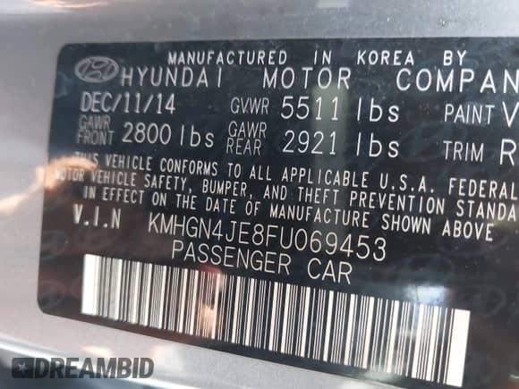 2015 Hyundai Genesis 3.8L with VIN KMHGN4JE8FU069453, listed as a IAAI auction lot 41541175 with 159,635 mi miles and . Bid and sale history available at DreamBid. Image 9.
