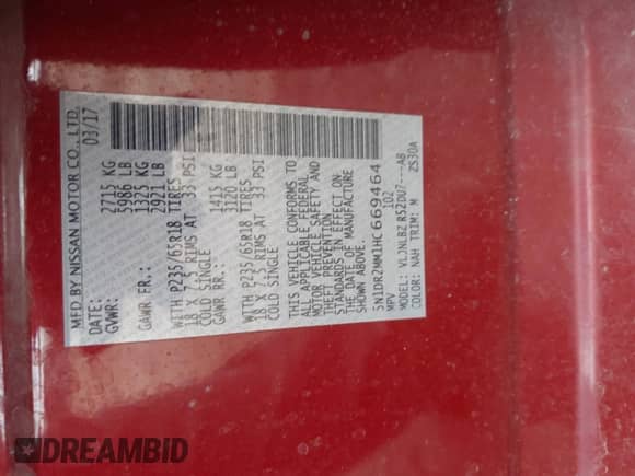 2017 Nissan Pathfinder S with VIN 5N1DR2MM1HC669464, listed as a IAAI auction lot 43277494 with 82,333 mi miles and . Bid and sale history available at DreamBid. Image 9.