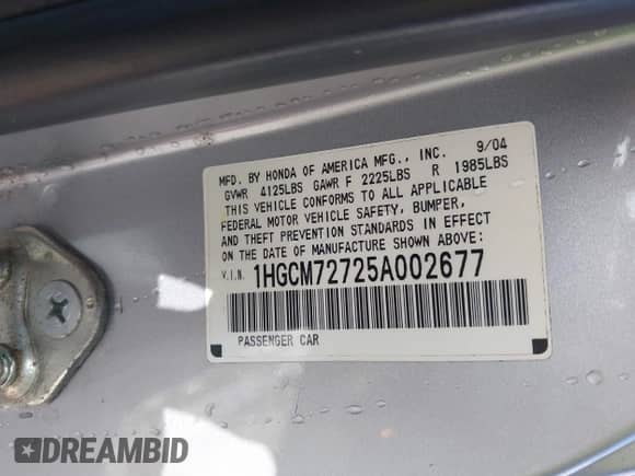 2005 Honda Accord EX with VIN 1HGCM72725A002677, listed as a IAAI auction lot 42194553 with 279,813 mi miles and . Bid and sale history available at DreamBid. Image 9.