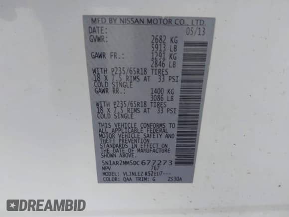 2013 Nissan Pathfinder SV with VIN 5N1AR2MM5DC677273, listed as a IAAI auction lot 43033157 with 172,455 mi miles and . Bid and sale history available at DreamBid. Image 9.