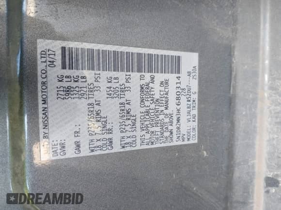 2017 Nissan Pathfinder S with VIN 5N1DR2MN3HC680314, listed as a IAAI auction lot 43458088 with 145,947 mi miles and . Bid and sale history available at DreamBid. Image 9.